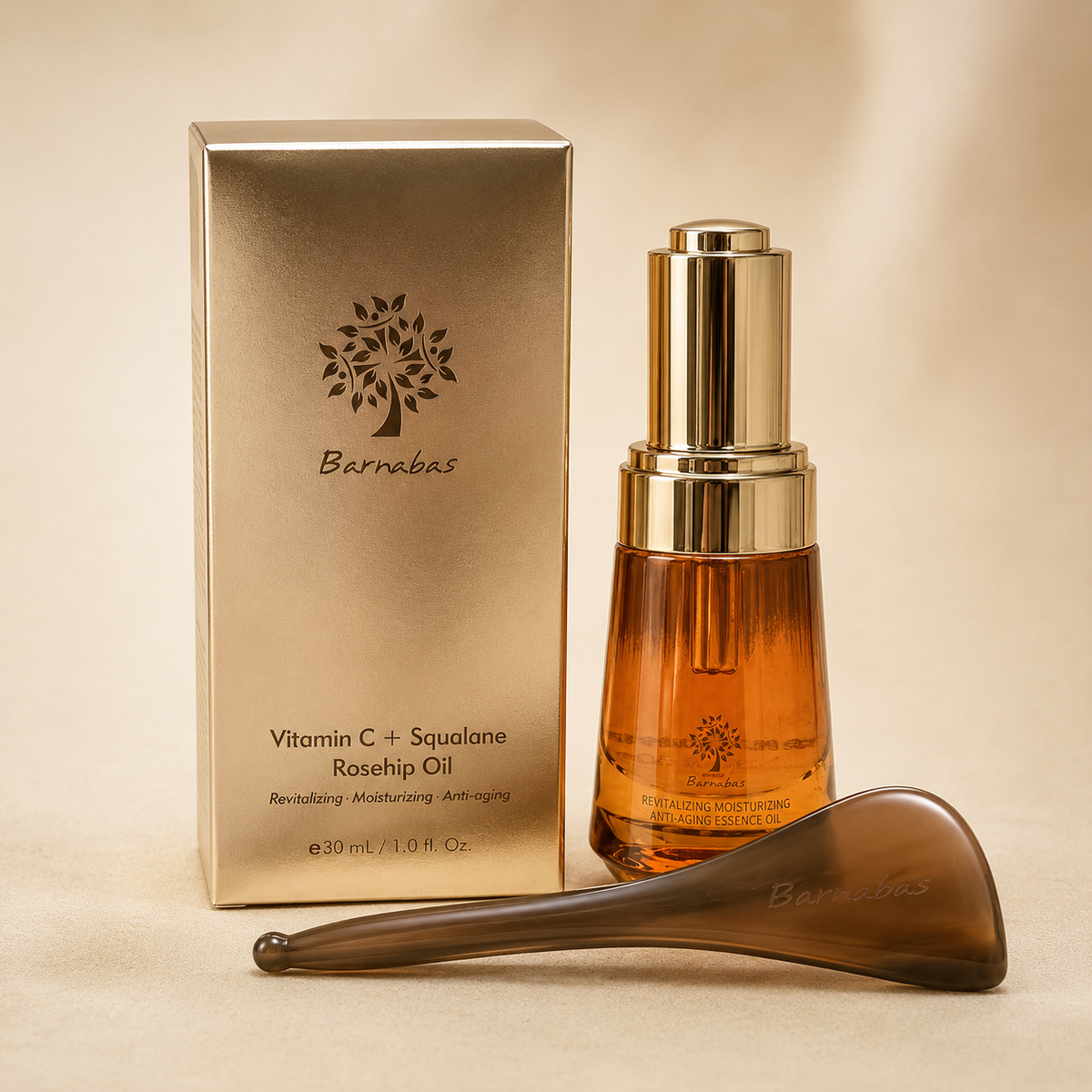 Vitamin C + Squalane Rosehip Oil — box, bottle, and gua sha