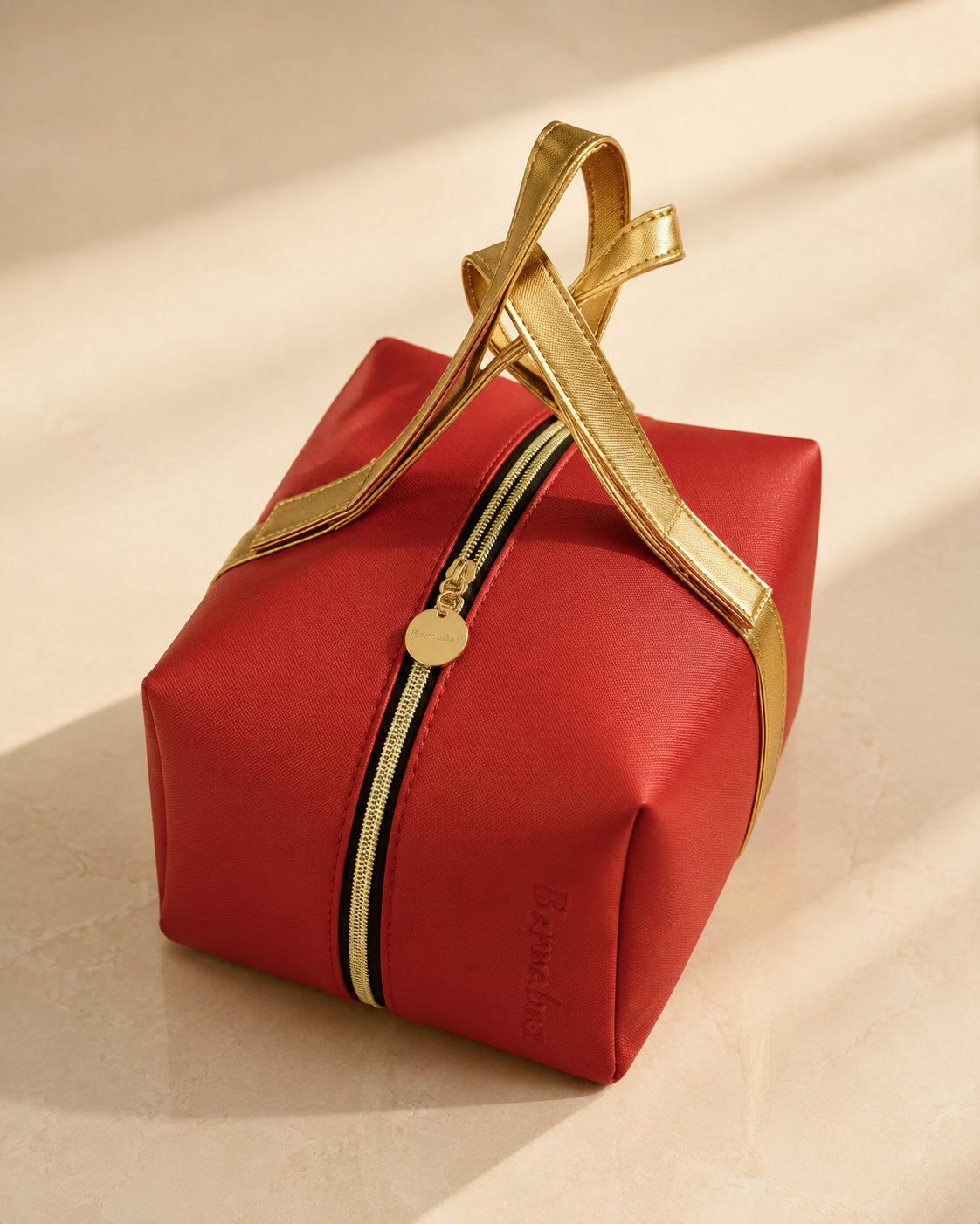 Elegant Red Cosmetic Travel Bag with Gold Handle