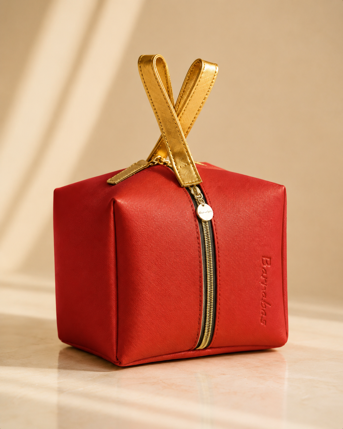 Elegant Red Cosmetic Travel Bag with Gold Handle
