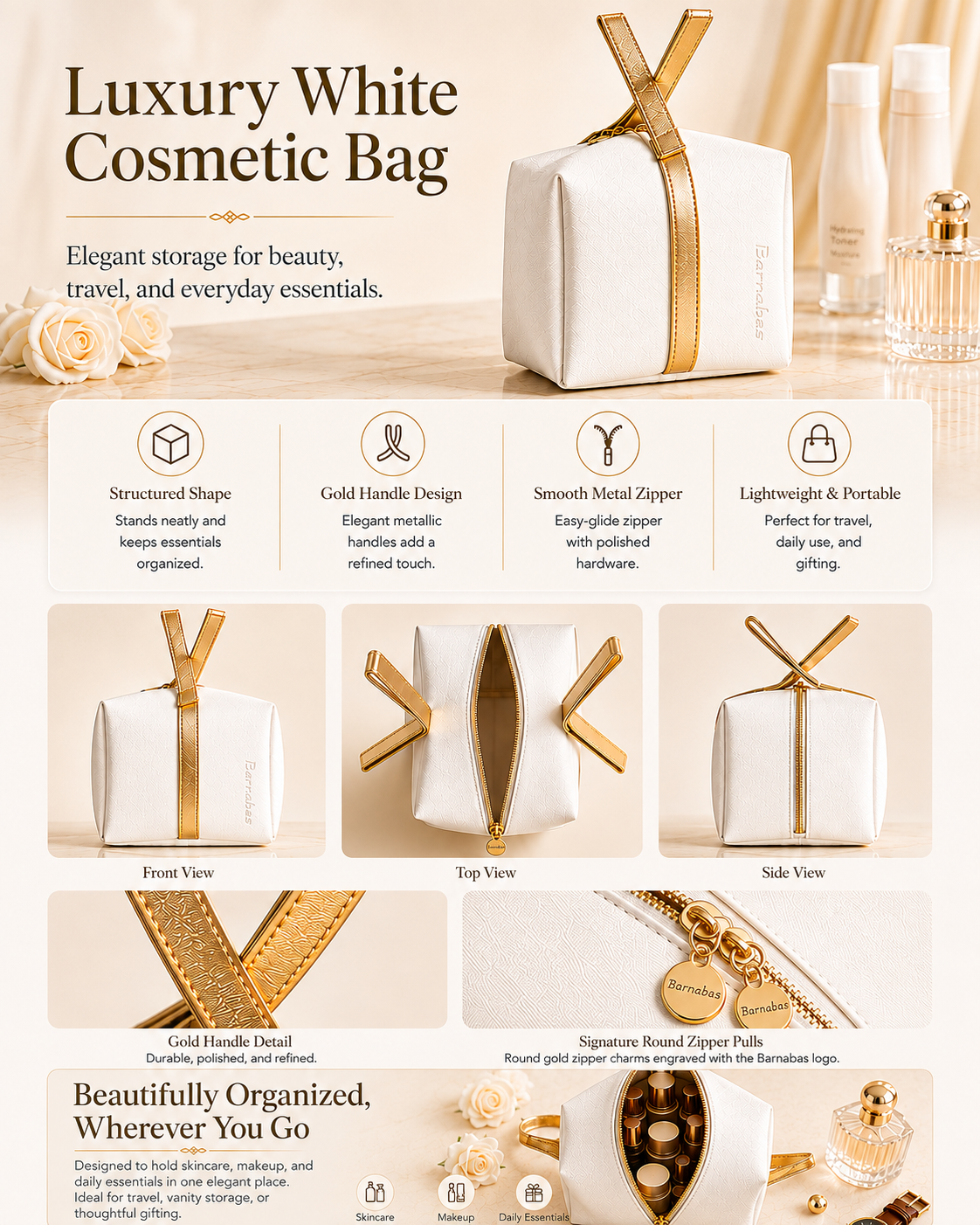 Luxury White Cosmetic Bag — features & details