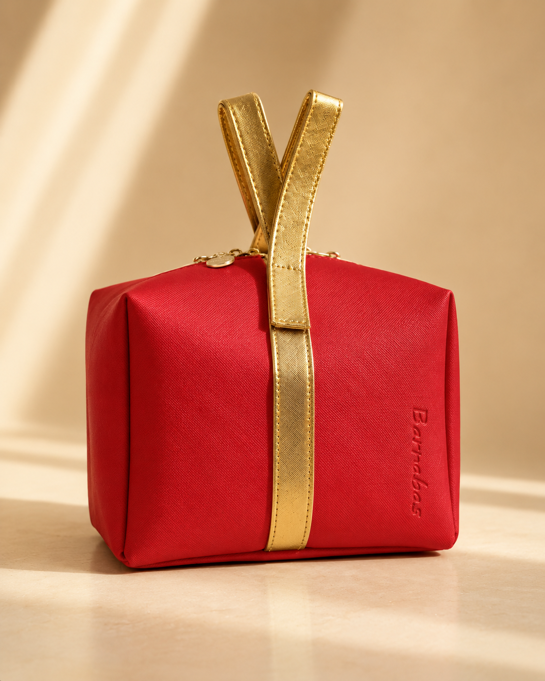 Elegant Red Cosmetic Travel Bag with Gold Handle