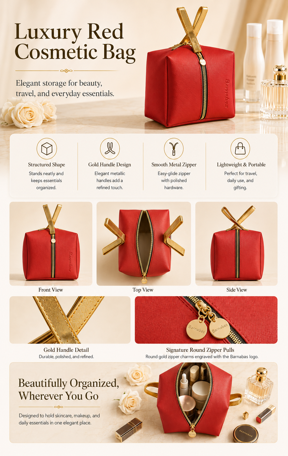 Elegant Red Cosmetic Travel Bag with Gold Handle
