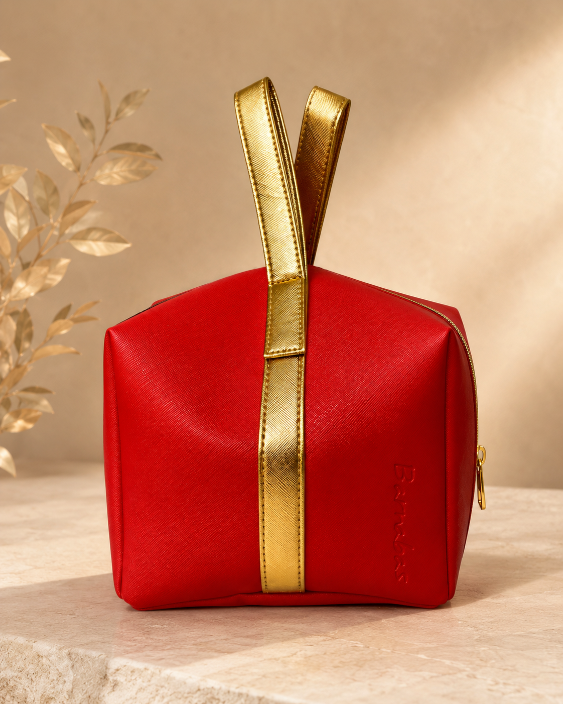 Elegant Red Cosmetic Travel Bag with Gold Handle